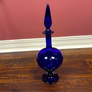Vintage Mid Century Modern Cobalt Blue Decanter with Stopper Handblown